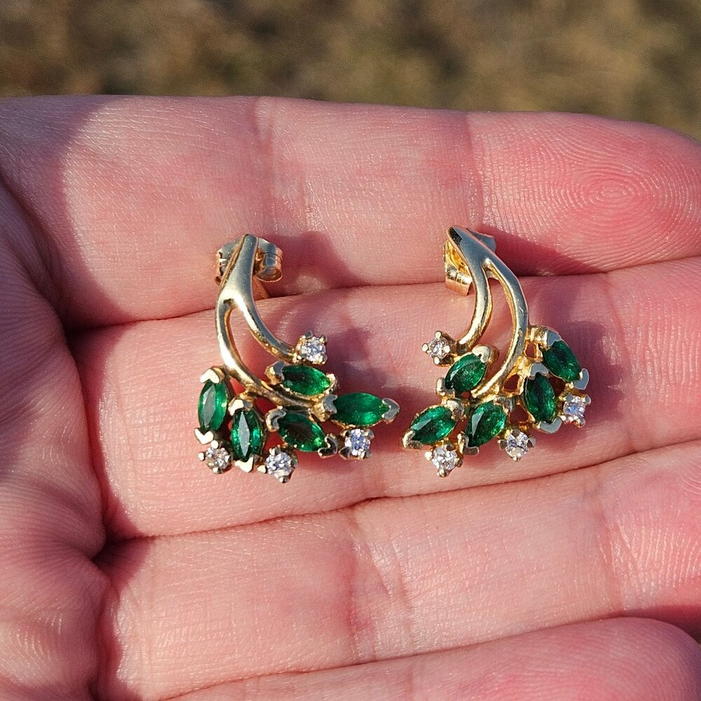 14K Yellow Gold Emerald & Diamond Cluster Branch Cocktail Earrings
